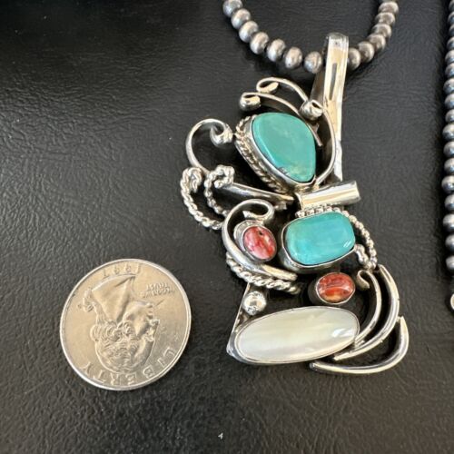 Navajo Kingman Turquoise Spiny Oyster | Mother of Pearl Necklace Pendant | Sterling Silver | 15952