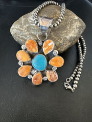 Navajo Blue Turquoise | Spiny Oyster Pendant Necklace | Sterling Silver | Multi-Stone | 16834