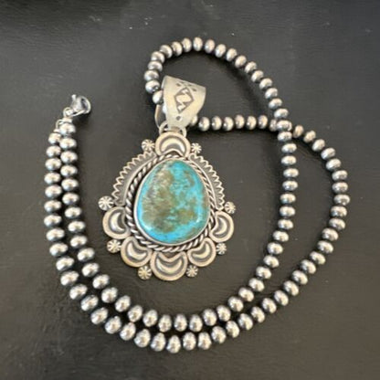 Navajo Blue Kingman Turquoise Pendant Necklace | Sterling Silver | 20" | Authentic Native American Handmade | 16352