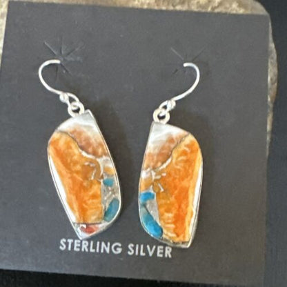 Navajo Blue Turquoise & Orange Spiny Oyster Inlay Dangle Earrings | Sterling Silver | Authentic Native American Handmade | 15580