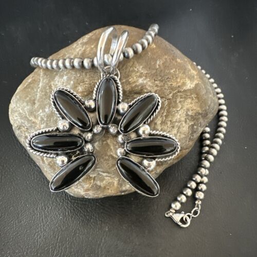 Men's Black Onyx Naja Pendant Necklace | Navajo Pearls | Sterling Silver | Authentic Native American Handmade | 17071