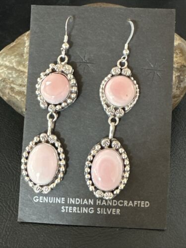 Navajo Pink Conch Shell Dangle Earrings | Sterling Silver | Authentic Native American Handmade | 17199