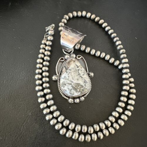 Navajo White Buffalo Turquoise Pendant | Pearl Sterling Silver Necklace | Authentic Native American Handmade | 17043