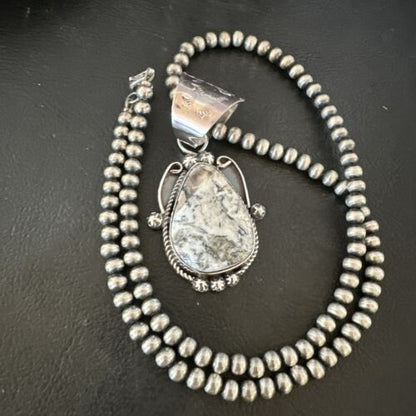 Navajo White Buffalo Turquoise Pendant | Pearl Sterling Silver Necklace | Authentic Native American Handmade | 17043