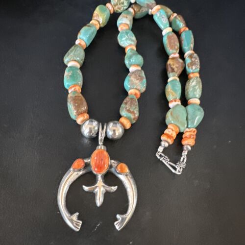 Men's Green Turquoise Spiny Oyster Naja Pendant Necklace | Navajo Sterling Silver | 22" | Authentic Native American Handmade | 15225