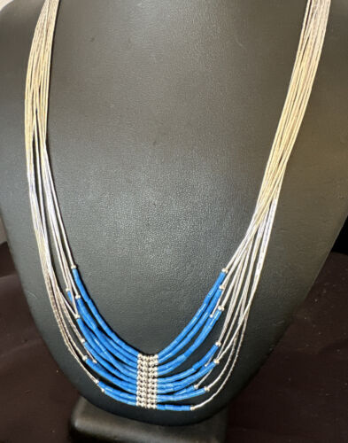 Navajo Denim Lapis Heishi Necklace | 10 Strand Sterling Liquid Silver Tube | 22" | 16319