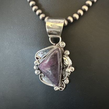 Navajo Purple Sugilite Pendant with Pearls | Sterling Silver Bead Necklace | Authentic Native American Handmade | 15412