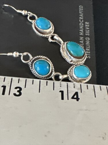 Kingman Turquoise Dangle Earrings | Navajo Handmade | Sterling Silver | Authentic Native American | 14868