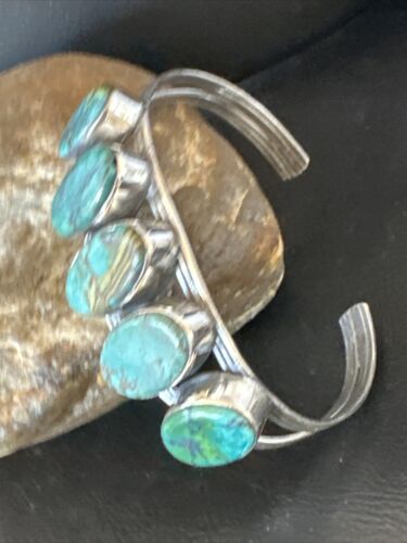 Women's Blue Turquoise 5-Stone Cuff Bracelet | Navajo Sterling Silver | Authentic Native American Jewelry | 16166