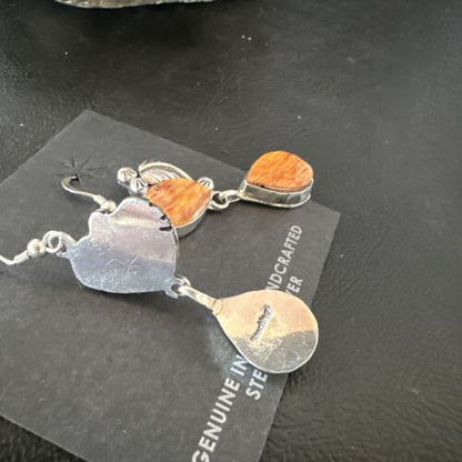 Navajo Orange Spiny Oyster Dangle Earrings | Sterling Silver | 1.5" | Authentic Native American Handmade | 16566