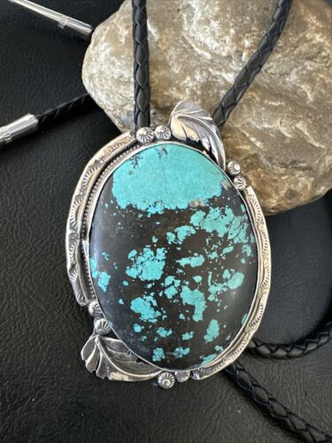 Men's Blue Spiderweb Turquoise Bolo Tie | Navajo Sterling Silver | Authentic Native American Handmade | 15009