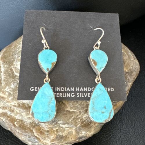 Navajo Blue Kingman Turquoise Dangle Earrings | Sterling Silver | Authentic Native American Handmade | 15119