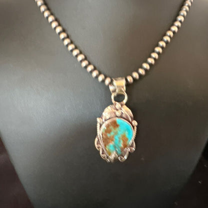 Navajo Blue Turquoise Pendant Necklace | Sterling Silver Pearls | Authentic Native American Handmade | 15652