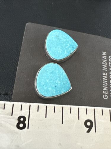 Navajo Blue Kingman Turquoise Post Stud Earrings | Sterling Silver | Authentic Native American Handmade | 17407