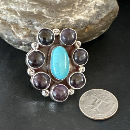 Navajo Cluster Blue Kingman Turquoise Sugilite Ring | Authentic Native American Sterling Silver | Multi-Stone | Sz 8 | 16774