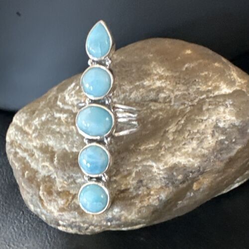 Navajo Women's Cluster Blue Larimar Ring | Authentic Native American Sterling Silver | Multi-Stone | Sz 7.5 | 16151