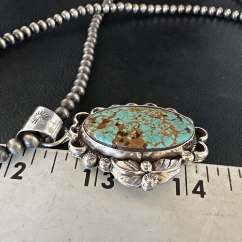 Navajo Blue #8 Turquoise Pendant Necklace | Sterling Silver Pearls | Authentic Native American Handmade | 15508