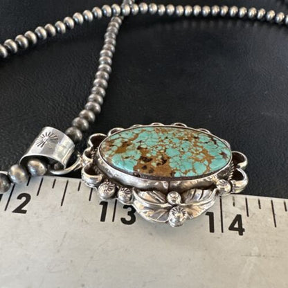 Navajo Blue #8 Turquoise Pendant Necklace | Sterling Silver Pearls | Authentic Native American Handmade | 15508