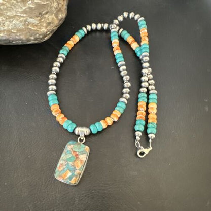 Navajo Spiny Turquoise Pendant Necklace | Sterling Silver | 22" | Authentic Native American Handmade | 17431