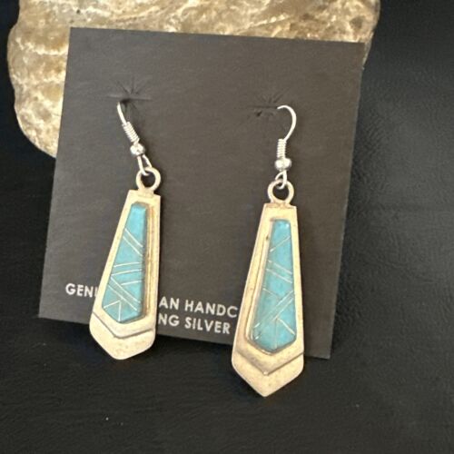 Navajo Blue Turquoise Inlay Earrings | Sterling Silver | Authentic Native American Handmade | 15269