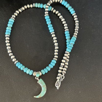 Navajo Blue Turquoise Inlay Pendant | Sterling Silver Necklace | Authentic Native American Handmade | 15422