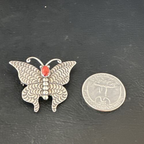 Navajo Butterfly Red Coral Pin Pendant | Sterling Silver | 1.25" | Authentic Native American Handmade | 15235