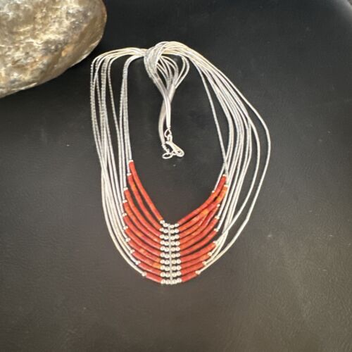 Navajo Red Coral Liquid Silver Heishi Necklace | 10 Strand | Sterling Silver Tubes | 18" | 15139