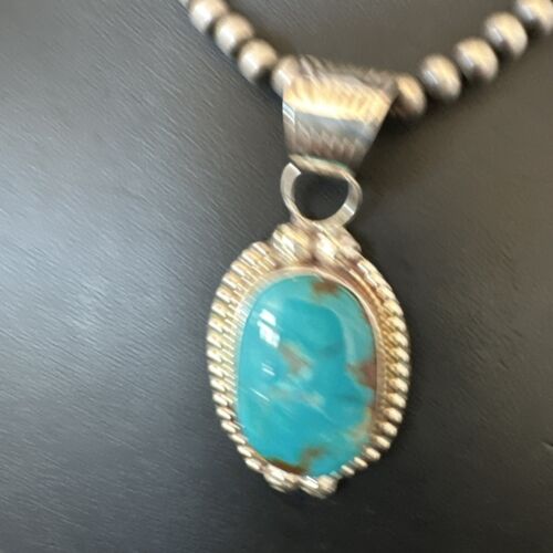 Navajo Pearls Kingman Turquoise Pendant Necklace | Sterling Silver | Authentic Native American Handmade | 17126