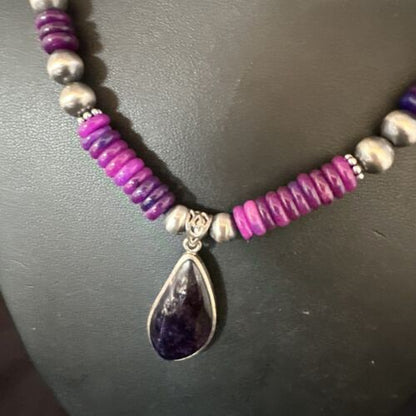 Navajo Pearls Purple Sugilite Pendant Necklace | Sterling Silver Beads | Authentic Native American Handmade | 15373