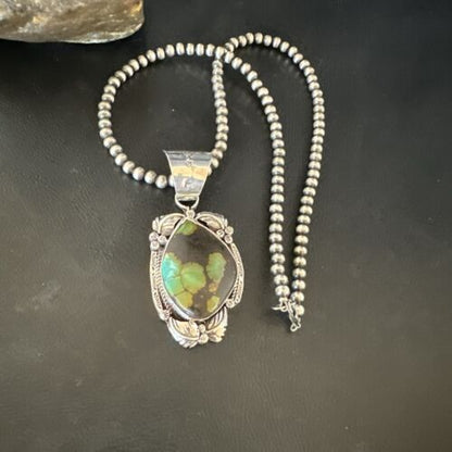 Men's Navajo Green Turquoise Pendant Necklace | Sterling Silver | Authentic Native American Handmade | 17526