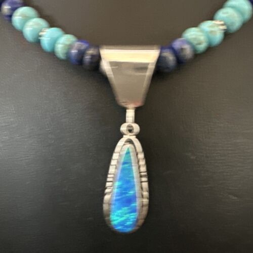 Navajo Blue Opal Turquoise Pendant Necklace | Sterling Silver | Authentic Native American Handmade | 16764