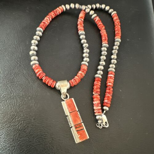 Navajo Pearls Sterling Silver Necklace with Lapis and Red Spiny Oyster Inlay Pendant | 17119