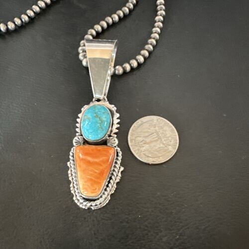 Navajo Blue Kingman Turquoise Spiny Pendant Necklace | Sterling Silver | Multi-Stone | 16825