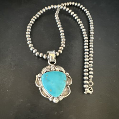 Navajo Kingman Turquoise Pendant Necklace | Sterling Silver Pearls | Authentic Native American Handmade | 15215