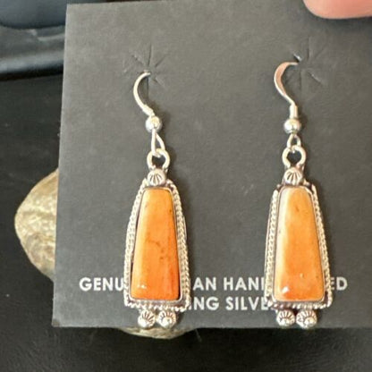 Navajo Orange Spiny Oyster Dangle Earrings | Sterling Silver | Authentic Native American Handmade | 17272
