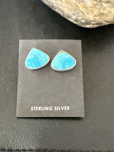 Navajo Blue Kingman Turquoise Post Stud Earrings | Sterling Silver | Authentic Native American Handmade | 17482