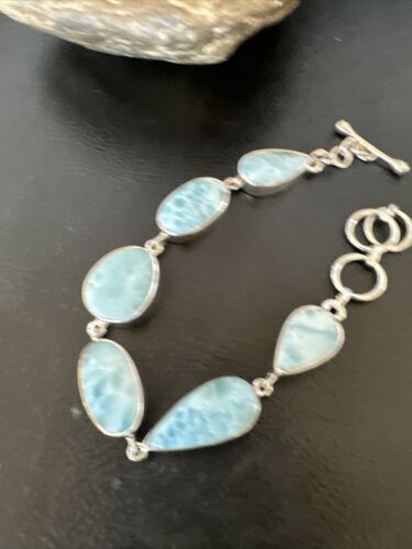 Navajo Blue Larimar Link Bracelet | Sterling Silver | 8" | Authentic Native American Handmade | 16081