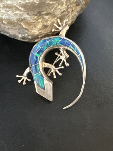 Navajo Blue Opal Lizard Pin Pendant | Inlay Gecko | Sterling Silver | Authentic Native American Handmade | 15194