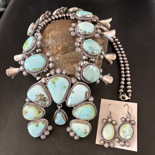 Royston Turquoise Navajo Squash Blossom Necklace & Earrings | Sterling Silver | Native American Handmade | 16536