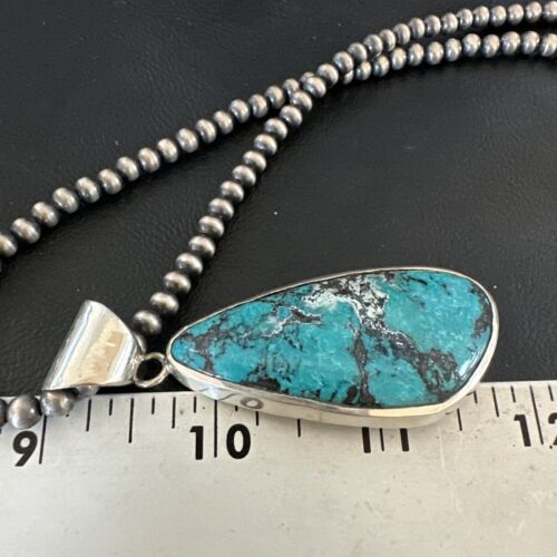 Men's Navajo Blue Spiderweb Turquoise Pendant Necklace | Sterling Silver | Authentic Native American Handmade | 16206