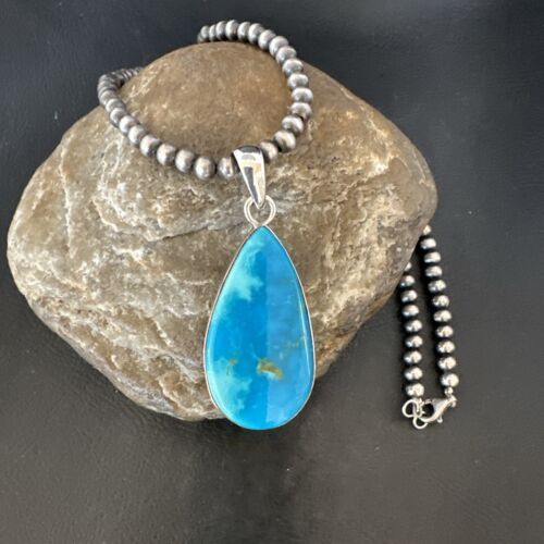 Navajo Blue Kingman Turquoise Pendant Necklace | Sterling Silver | 20" | Authentic Native American Handmade | 17000
