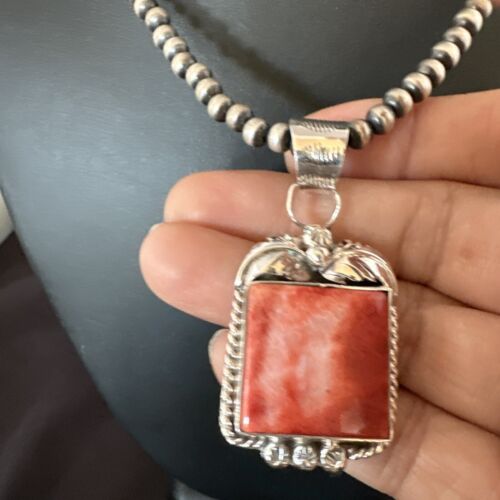 Navajo Red Spiny Oyster Pendant Necklace | Sterling Silver | Authentic Native American Handmade | 16147