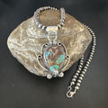 Navajo Blue Turquoise Pendant Necklace | Sterling Silver Pearls | Authentic Native American Handmade | 15649