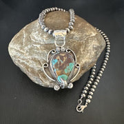 Navajo Blue Turquoise Pendant Necklace | Sterling Silver Pearls | Authentic Native American Handmade | 15649