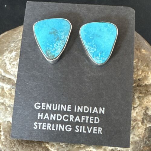 Navajo Blue Kingman Turquoise Post Stud Earrings | Sterling Silver | Authentic Native American Handmade | 17412