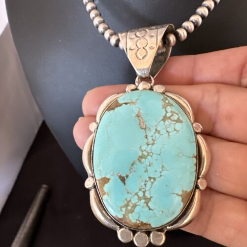 Navajo Blue Turquoise #8 Pendant | Sterling Silver Pearls Necklace | Authentic Native American Handmade | 17169