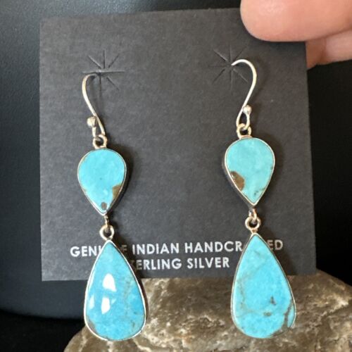 Navajo Blue Kingman Turquoise Dangle Earrings | Sterling Silver | Authentic Native American Handmade | 15119