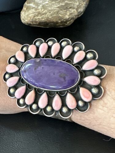 Navajo Sugilite Pink Conch Cuff Bracelet | Sterling Silver | Authentic Native American Handmade | 15853