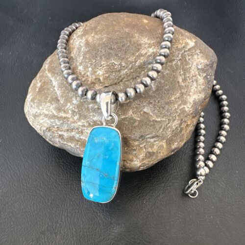 Navajo Blue Kingman Turquoise Pendant Necklace | Sterling Silver | 20" | Authentic Native American Handmade | 16701