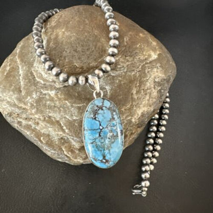 Navajo Blue Spiderweb Turquoise Pendant Necklace | Sterling Silver | Authentic Native American Handmade | 17026